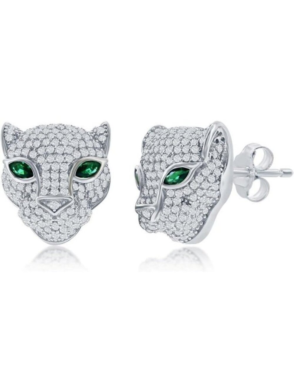 Sterling Silver Panther Stud Earrings with Green Eyes - Animal Jewelry Gift